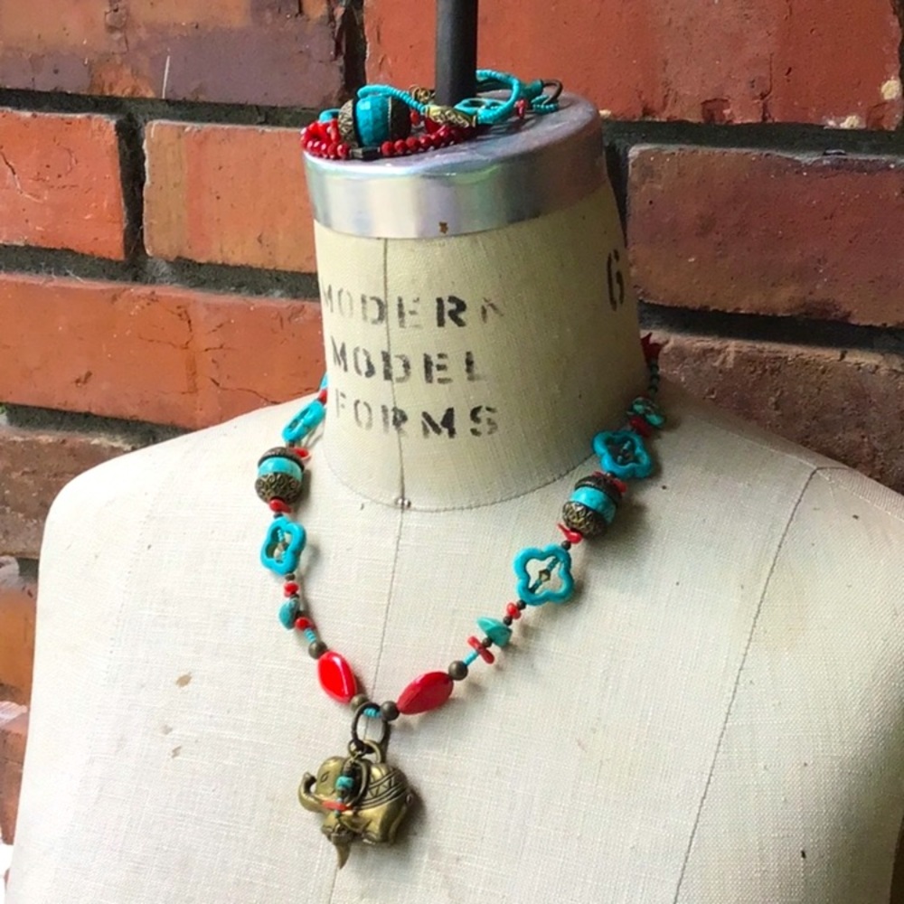 Handmade Red and Aqua Elephant Statement Necklace - Picture 8 of 15